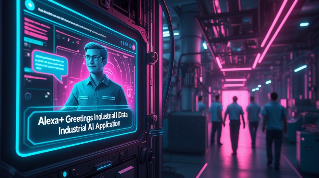 Neon cyberpunk illustration of an AI voice assistant greeting workers in a smart factory, showing the text “Alexa+ Greetings industrial AI application.”