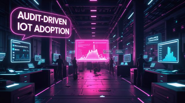 Cyberpunk illustration showing “Audit-driven IIoT adoption” in neon pink, with glowing industrial dashboards, sensors, and real-time data during an audit, contrasted with dark inactive systems afterward, symbolizing short-term IIoT compliance cycles.