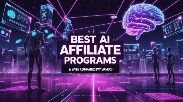 Cyberpunk digital illustration with neon pink and purple lights showing “Best AI affiliate programs and why companies pay so much” text, futuristic city holograms, AI networks, and digital commissions, symbolizing the trillion-dollar AI affiliate industry.
