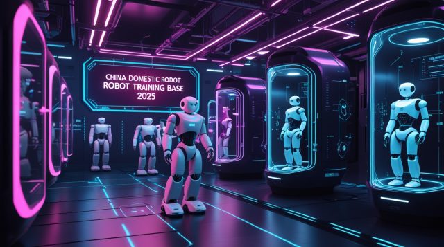 Cyberpunk illustration of China domestic robot training base 2025, showing AI systems training robots in a neon pink futuristic facility.