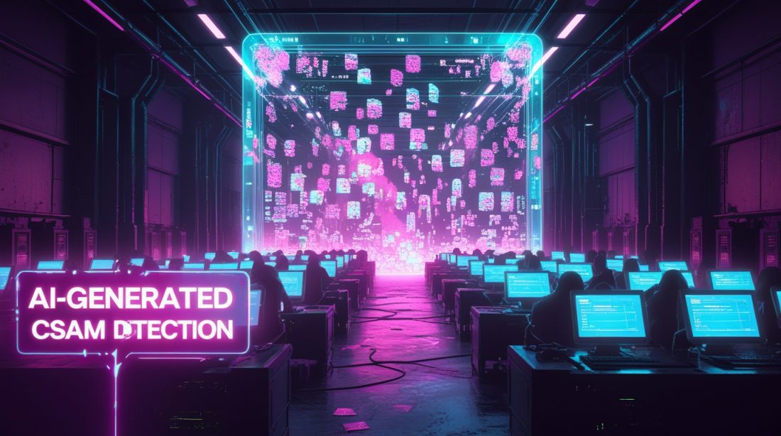 Cyberpunk illustration in neon pink and blue showing AI-generated CSAM detection, with holographic neural networks filtering harmful data streams and ghostly workers symbolizing the human toll of AI content moderation.