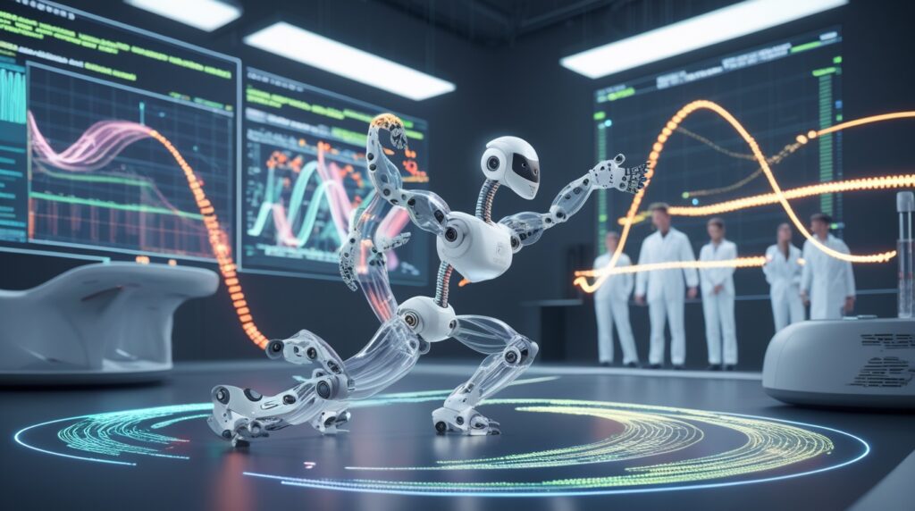 AI-driven robot design lab showcasing a shape-shifting robot optimized by genetic algorithms, illustrating efficient control systems inspired by biological muscle synergy and soft robotics innovation.