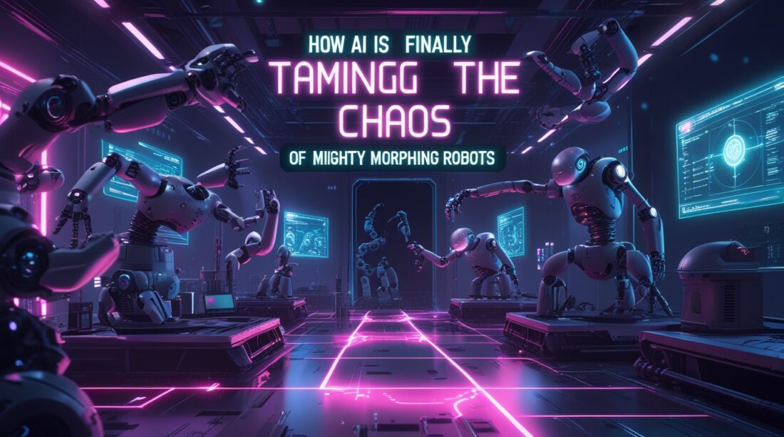 Cyberpunk digital artwork showing AI-controlled morphing robots reshaping their bodies in a neon-lit lab. The glowing pink and blue scene features the text “How AI Is Finally Taming the Control Chaos of Mighty Morphing Robots,” highlighting advanced AI design and shape-shifting robotics.