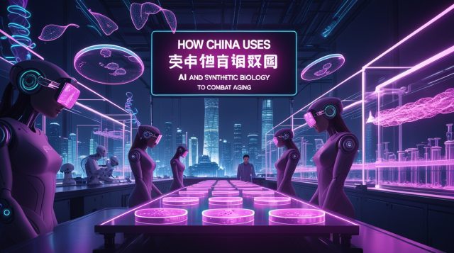 How China Uses AI and Synthetic Biology to Combat Aging — cyberpunk-style digital illustration with neon pink and blue colors, showing futuristic Chinese biotech labs, holographic DNA strands, humanoid robots, and regenerative medicine technology.