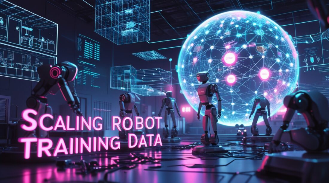 Cyberpunk digital illustration showing humanoid robots surrounded by holographic 3D environments in neon pink and blue, representing scaling robot training data through AI-driven simulation and generative scene creation.