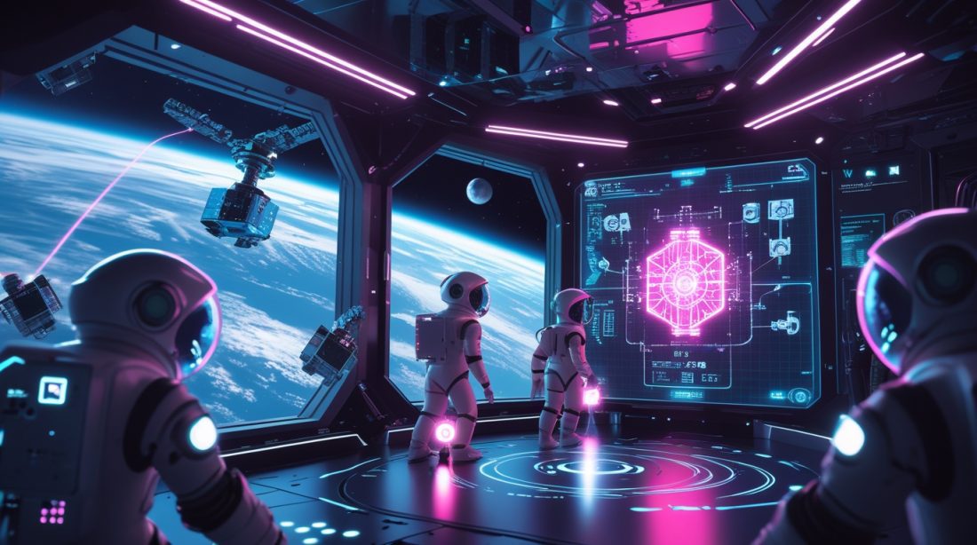 Cyberpunk digital artwork of autonomous robots floating in a neon-lit space station with glowing text “Autonomous Robotics in Space Industry,” showing AI-powered robotics assisting astronauts in zero gravity.