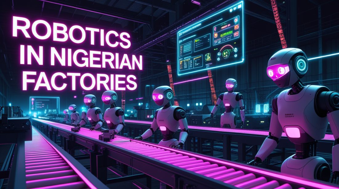 Cyberpunk digital illustration of robotics in Nigerian factories with neon pink and blue lighting, showing robotic arms, humanoid robots, and AI dashboards reducing downtime in cement, textile, and food processing production lines.