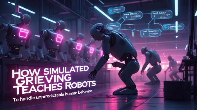 Cyberpunk-style digital illustration with neon pink and purple lighting, showing humanoid robots in a futuristic factory. Holographic overlays depict decision pathways as a robot adapts to a human’s unpredictable movement. Text on screen reads: “How Simulated Grieving Teaches Robots to Handle Unpredictable Human Behavior.”