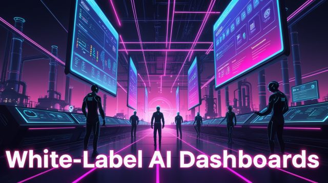 Cyberpunk digital illustration of glowing white-label AI dashboards in neon pink and blue, with holographic factory analytics and predictive maintenance displays. Scene highlights how white-label AI dashboards are reshaping industrial markets through OEM and vendor collaboration in smart factories.