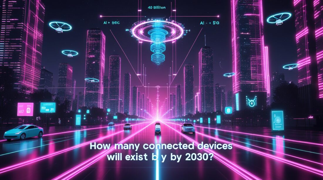 Futuristic cyberpunk digital illustration of a neon-lit city symbolizing 40 billion connected IoT devices by 2030, featuring glowing data streams, AI-driven smart systems, and holographic text asking “How many connected devices will exist by 2030?”