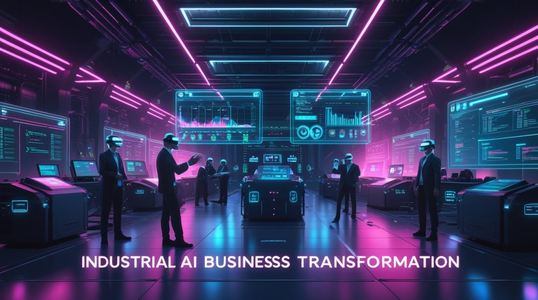 Cyberpunk digital illustration of industrial AI business transformation with neon pink and blue tones, showing futuristic factory robots, holographic dashboards, and AI data streams representing automation and intelligence-driven business growth in 2025.