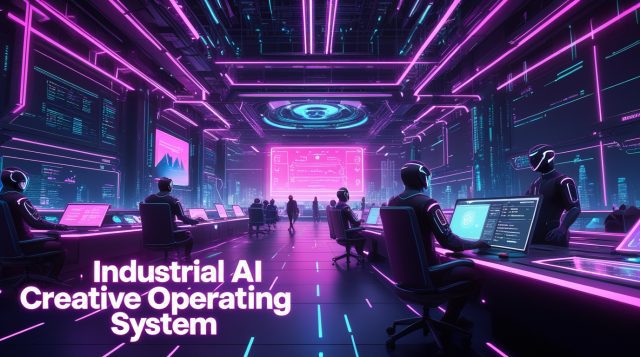 Cyberpunk digital artwork of a futuristic industrial AI creative operating system glowing in neon pink and blue, showing humanoid AI collaborators managing holographic design dashboards and data streams, symbolizing the rise of creative automation and intelligent design systems.