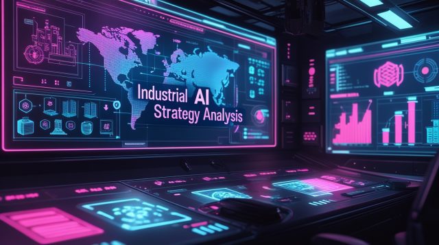Cyberpunk-style illustration showing an industrial AI strategy analysis dashboard with neon pink visuals and the text “Industrial AI Strategy Analysis.”
