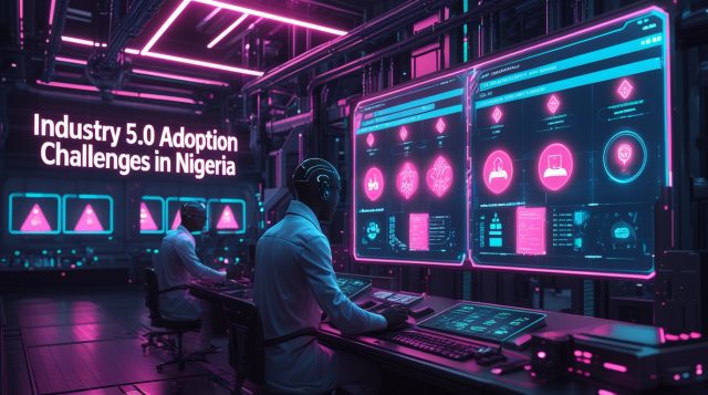 Cyberpunk-style illustration showing Industry 5.0 adoption challenges in Nigeria, with AI systems analyzing factories and human-robot collaboration.