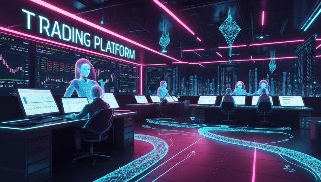 Neon cyberpunk illustration of an AI-driven trading platform with holographic order books, blockchain ribbons, and AI agents executing trades.