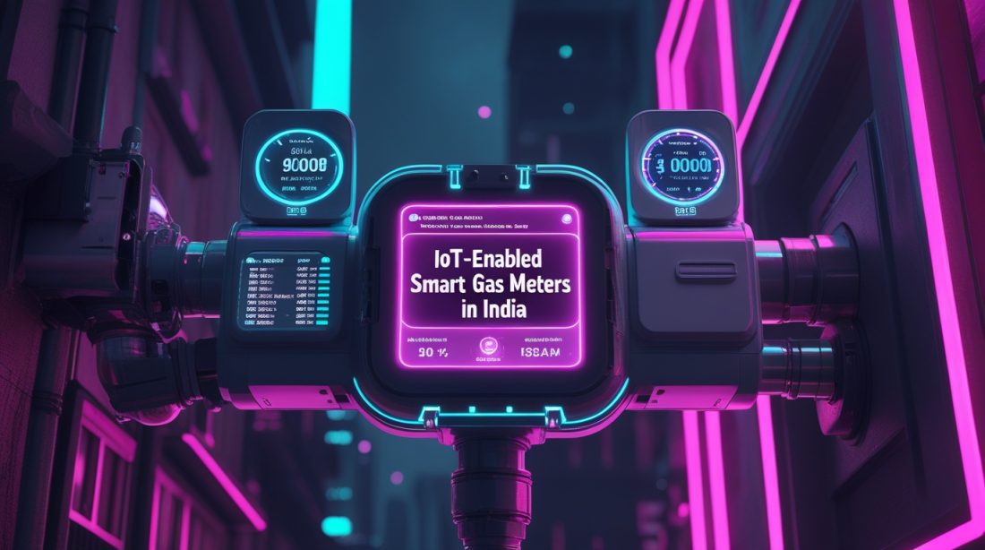 IoT-Enabled Smart Gas Meters in India shown in a cyberpunk-style illustration with neon pink digital displays monitoring real-time gas usage.