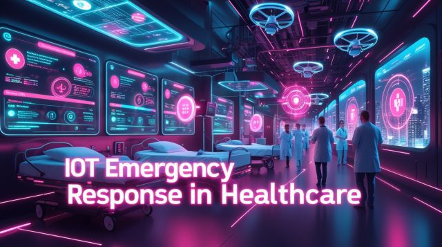 Cyberpunk digital illustration of IoT emergency response in healthcare, featuring neon pink and blue lighting, smart hospital systems, wearable health devices, and AI-driven medical monitoring for real-time patient care.