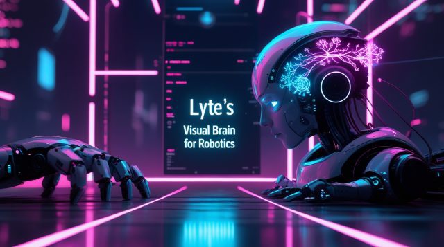 Lyte’s Visual Brain for Robotics illustrated as a futuristic cyberpunk AI vision system, showing a robot interpreting its environment through glowing neural visual pathways, holographic perception overlays, and neon pink-blue lighting
