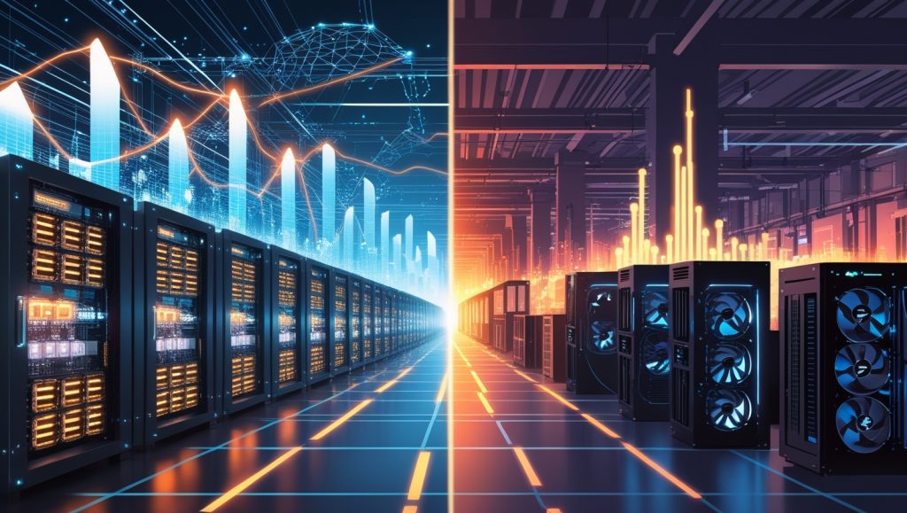 Futuristic split-screen illustration showing AI data centers with glowing GPU clusters and rising investment graphs contrasted against unstable crypto mining rigs shutting down, symbolizing the market shift from volatile cryptocurrency mining to stable AI infrastructure demand.