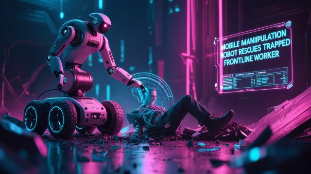Cyberpunk-style illustration of a mobile manipulation robot rescuing a trapped frontline worker, with neon pink lighting and AI-guided robotic arms.