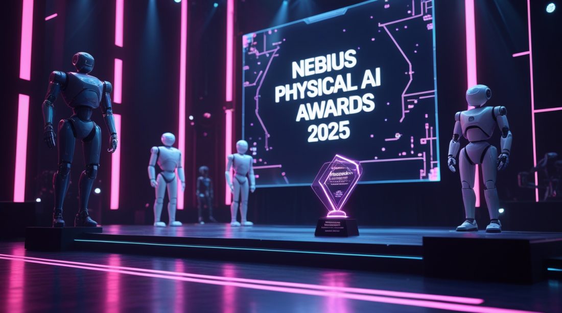Cyberpunk-style neon pink illustration of a futuristic awards stage with the text “Nebius Physical AI Awards 2025.”