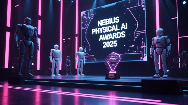 Cyberpunk-style neon pink illustration of a futuristic awards stage with the text “Nebius Physical AI Awards 2025.”