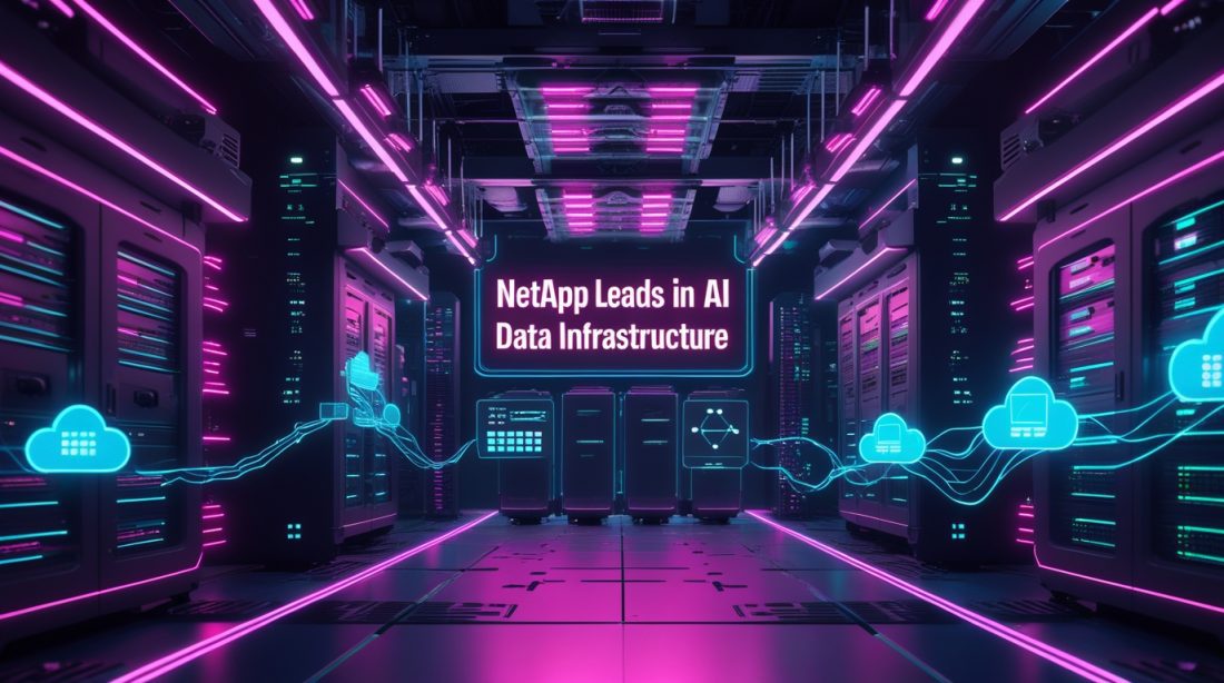Cyberpunk-style illustration of a neon-lit data center with holographic AI data streams and the text “NetApp Leads in AI Data Infrastructure.”