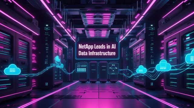 Cyberpunk-style illustration of a neon-lit data center with holographic AI data streams and the text “NetApp Leads in AI Data Infrastructure.”