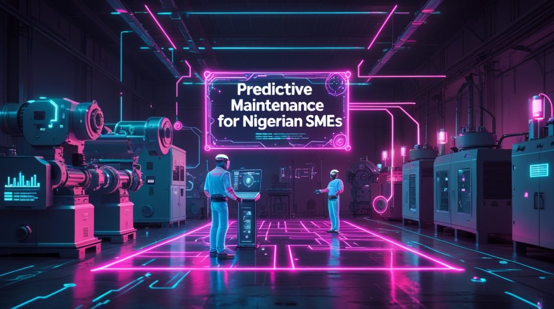 Cyberpunk digital illustration showcasing Predictive Maintenance for Nigerian SMEs, featuring neon-lit factory equipment, IoT sensors, holographic diagnostics, and AI-powered maintenance systems glowing in pink and blue.