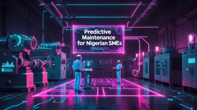 Cyberpunk digital illustration showcasing Predictive Maintenance for Nigerian SMEs, featuring neon-lit factory equipment, IoT sensors, holographic diagnostics, and AI-powered maintenance systems glowing in pink and blue.