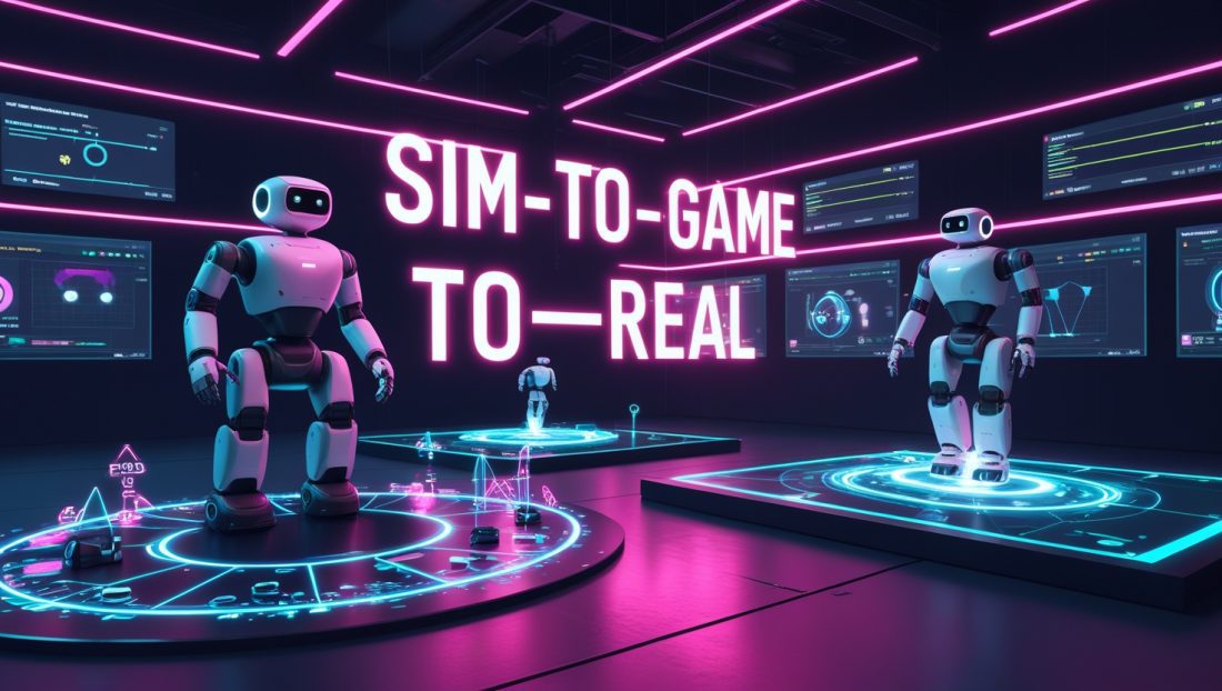 Neon cyberpunk illustration “Sim-to-Game-to-Real” showing robots training in photorealistic simulations with digital-twin and AR overlays transferring policies to real robots.