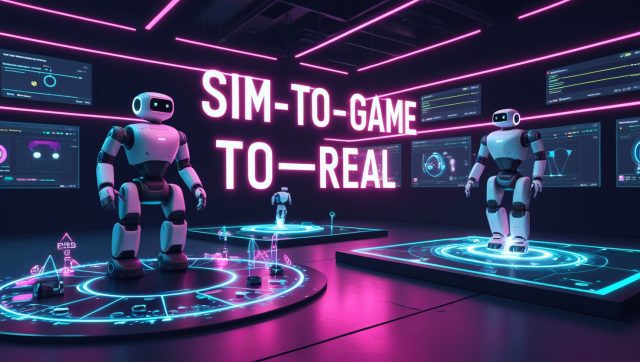 Neon cyberpunk illustration “Sim-to-Game-to-Real” showing robots training in photorealistic simulations with digital-twin and AR overlays transferring policies to real robots.