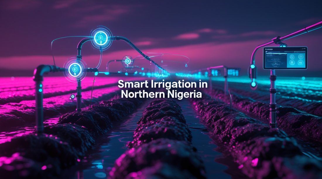Cyberpunk-style illustration of smart irrigation technology in Northern Nigeria with neon pink lighting and the text “Smart Irrigation in Northern Nigeria.”