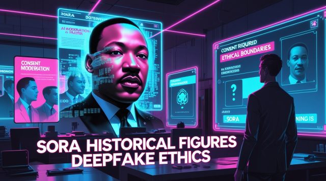 Cyberpunk digital illustration depicting Sora historical figures deepfake ethics, showing a holographic Dr. Martin Luther King Jr. glitching under neon lights, symbolizing AI deepfake misuse, ethical responsibility, and OpenAI’s pause on historical likeness generation.