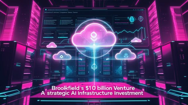 Cyberpunk-style illustration of AI cloud infrastructure with neon pink data centers and the text “Brookfield’s $10 Billion Cloud Venture: A Strategic AI Infrastructure Investment.”