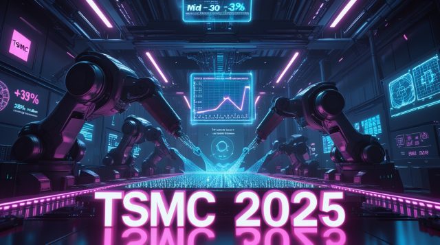 Cyberpunk digital illustration with glowing neon pink and blue tones showing the text “TSMC 2025 Revenue Forecast.” The scene depicts a futuristic semiconductor factory where robotic arms assemble AI chips under holographic charts displaying TSMC’s financial growth and 2025 revenue projections. Engineers in exosuits oversee data panels symbolizing AI-driven chip innovation, 2nm technology, and the company’s expanding global manufacturing power.