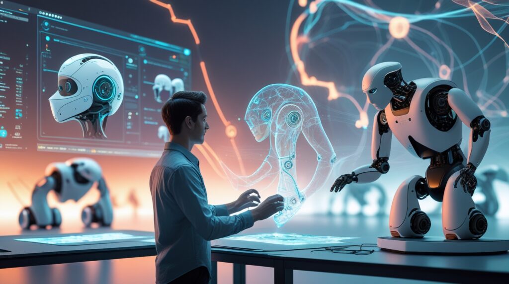 Futuristic robotics lab where AI collaborates with a human designer to create shape-shifting morphing robots, showing holographic 3D designs of adaptive helmets, drones, and wearables powered by generative AI technology.