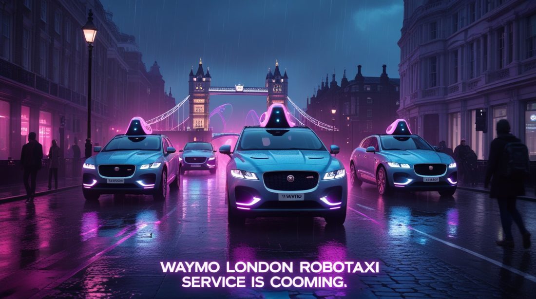 Cyberpunk digital illustration of Waymo London robotaxi service with glowing pink and blue lights, showing self-driving Jaguar I-PACE cars navigating rainy London streets using AI, lidar, and radar technology for autonomous driving.