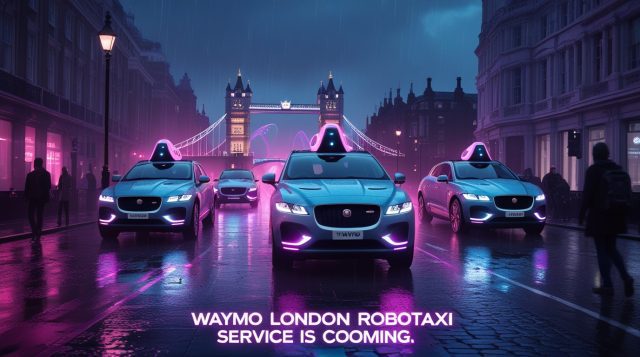 Cyberpunk digital illustration of Waymo London robotaxi service with glowing pink and blue lights, showing self-driving Jaguar I-PACE cars navigating rainy London streets using AI, lidar, and radar technology for autonomous driving.