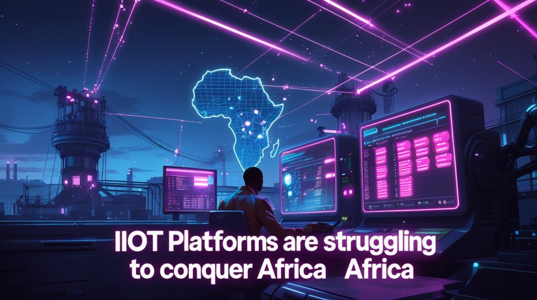 Cyberpunk digital illustration titled “Why Multilingual IIoT Platforms Are Struggling to Conquer Africa in 2025.” The scene shows a neon-lit African smart factory with holographic dashboards in multiple languages, symbolizing the challenges of multilingual IIoT systems, data gaps, and connectivity barriers across African industries.