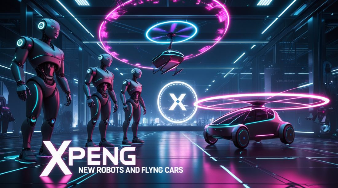 Cyberpunk digital illustration of XPeng new robots and flying cars glowing in neon pink and blue, showing humanoid robots beside XPeng’s futuristic flying cars powered by AI-driven technology in a dark futuristic cityscape.