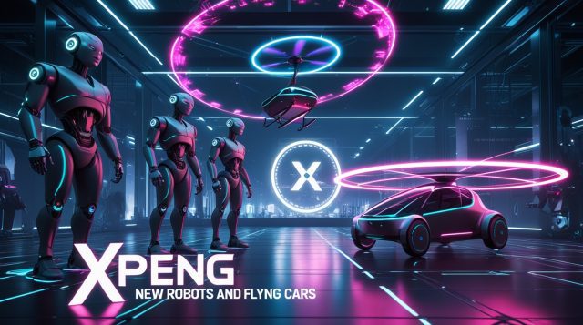 Cyberpunk digital illustration of XPeng new robots and flying cars glowing in neon pink and blue, showing humanoid robots beside XPeng’s futuristic flying cars powered by AI-driven technology in a dark futuristic cityscape.