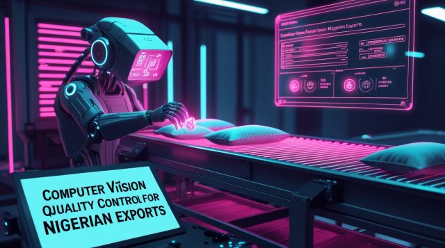 Cyberpunk-style image of an AI computer-vision system inspecting Nigerian export products with the text “computer vision quality control for Nigerian exports.”