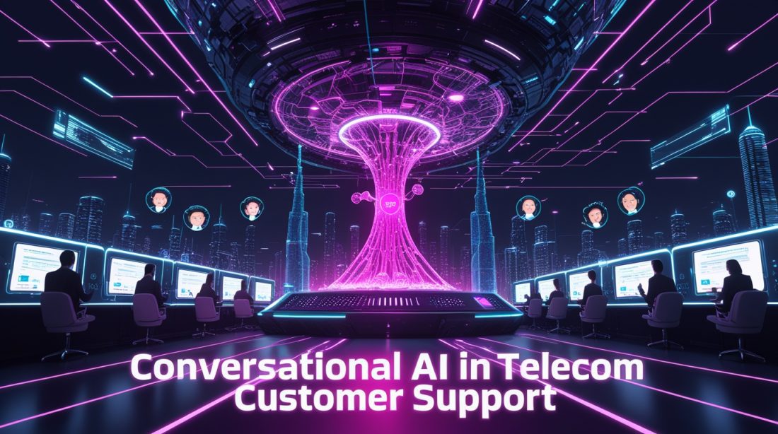 conversational AI in telecom customer support illustrated in a dark cyberpunk scene with neon pink and blue lights, showing futuristic AI assistants, holographic data streams, and an intelligent core managing global telecom customer interactions.