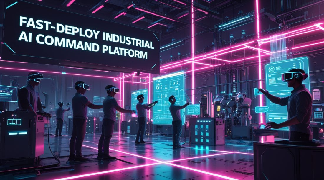 Cyberpunk-style digital illustration showing engineers using a fast-deploy industrial AI platform with neon pink and blue holograms, robotic systems, and no-code dashboards visualizing rapid AI application deployment in a futuristic smart factory.