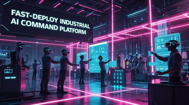 Cyberpunk-style digital illustration showing engineers using a fast-deploy industrial AI platform with neon pink and blue holograms, robotic systems, and no-code dashboards visualizing rapid AI application deployment in a futuristic smart factory.