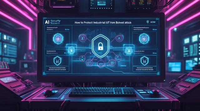 Cyberpunk illustration of an AI security system protecting industrial IoT devices from botnet attacks, with neon pink visuals and network threat analysis. How to Protect Industrial IoT from Botnet Attacks