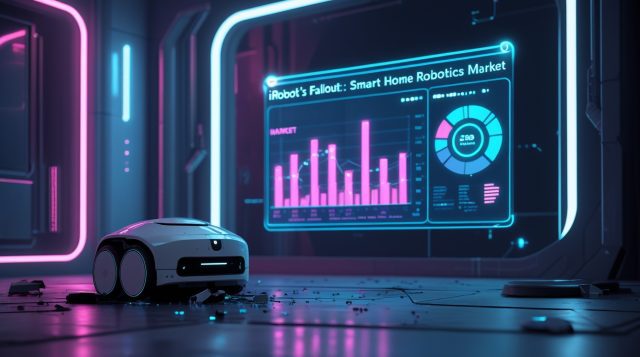 iRobot smart home robotics market decline illustrated in a cyberpunk scene with a malfunctioning home robot and neon data charts.