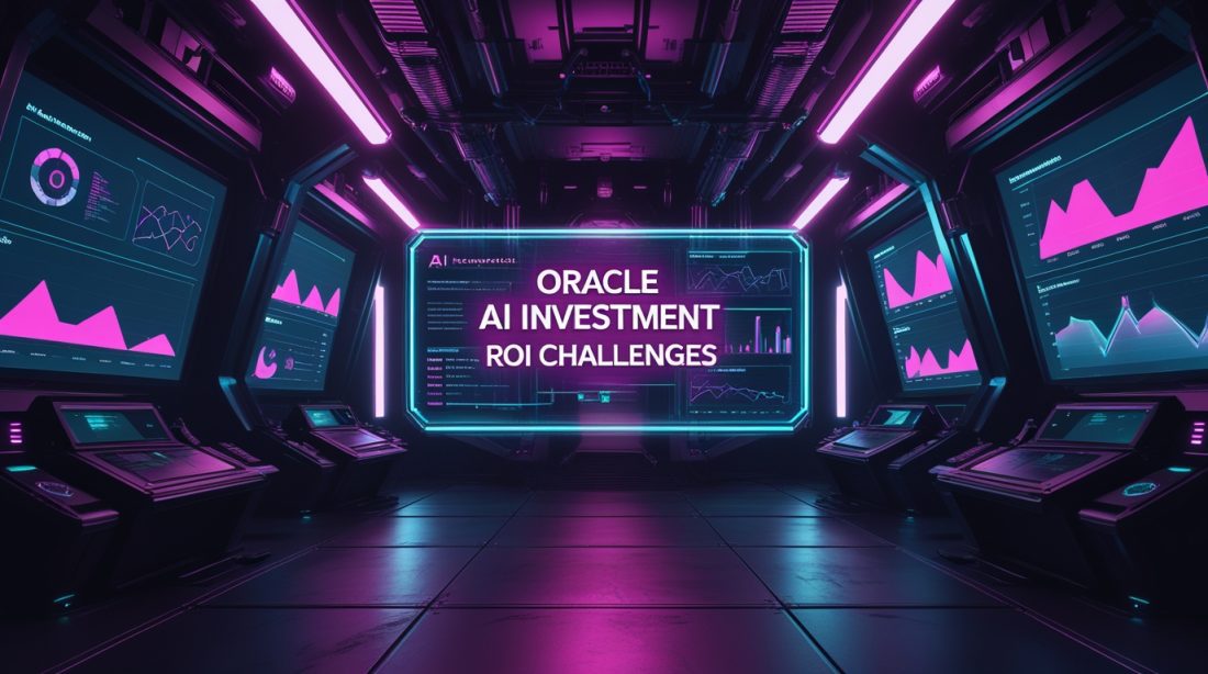 Cyberpunk-style illustration showing Oracle industrial AI investment ROI challenges with neon pink analytics and futuristic tech displays.