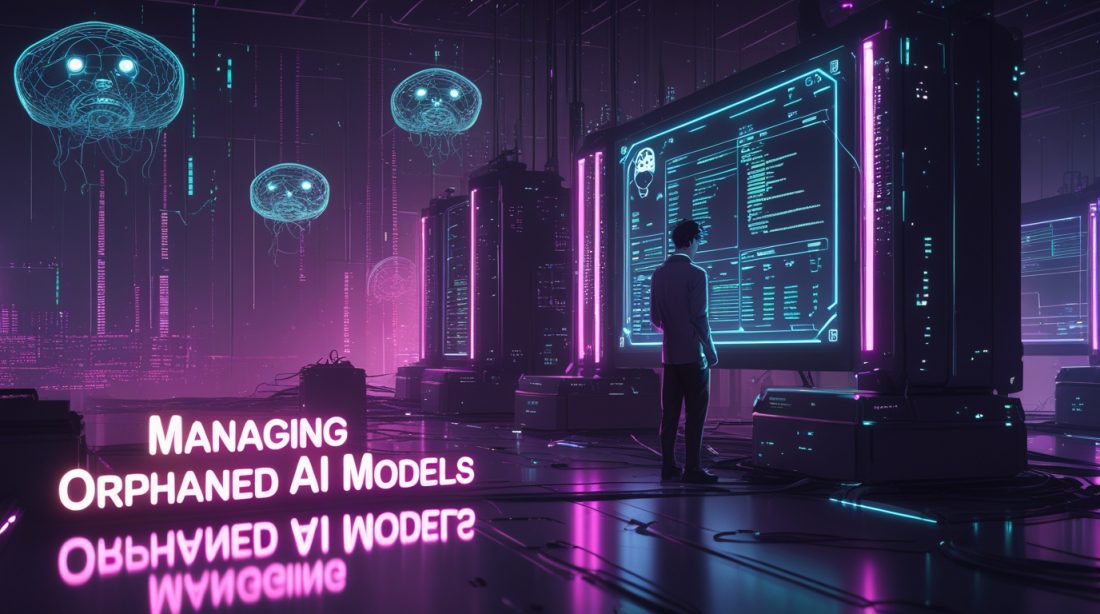 Dark cyberpunk digital illustration of a neon-lit AI server room with glowing pink and blue lights, showing decaying neural networks and a lone technician managing orphaned AI models, symbolizing neglected artificial intelligence in enterprise systems.